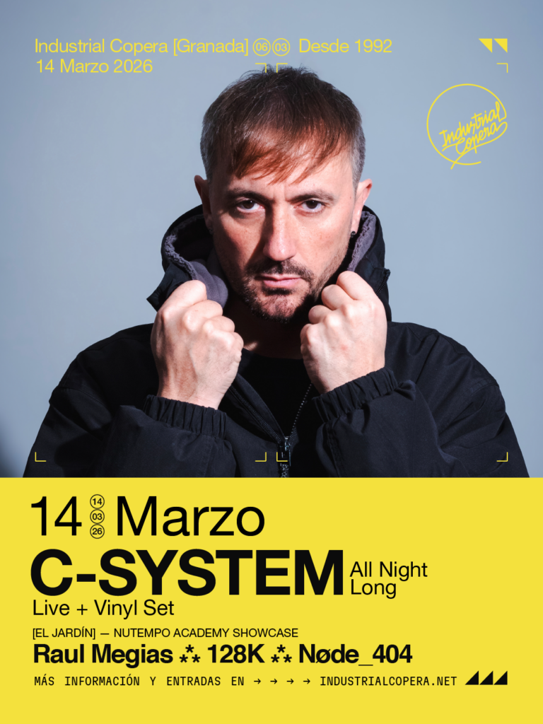 Cartel oficial de C-System All Night Long en Industrial Copera, 14 de marzo de 2026